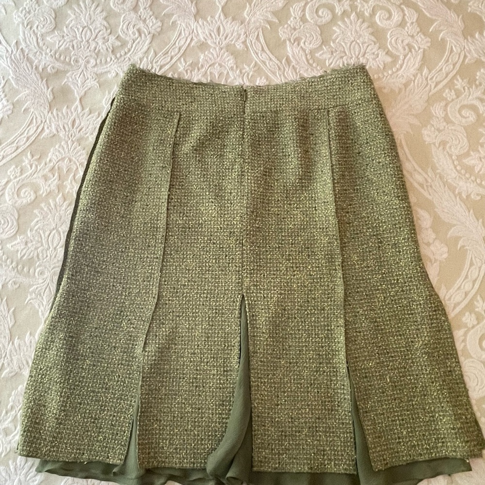 Anne Klein Olive Green Tweed Silk A-Line Panel Skirt with Chiffon Hem Sz 8 EUC